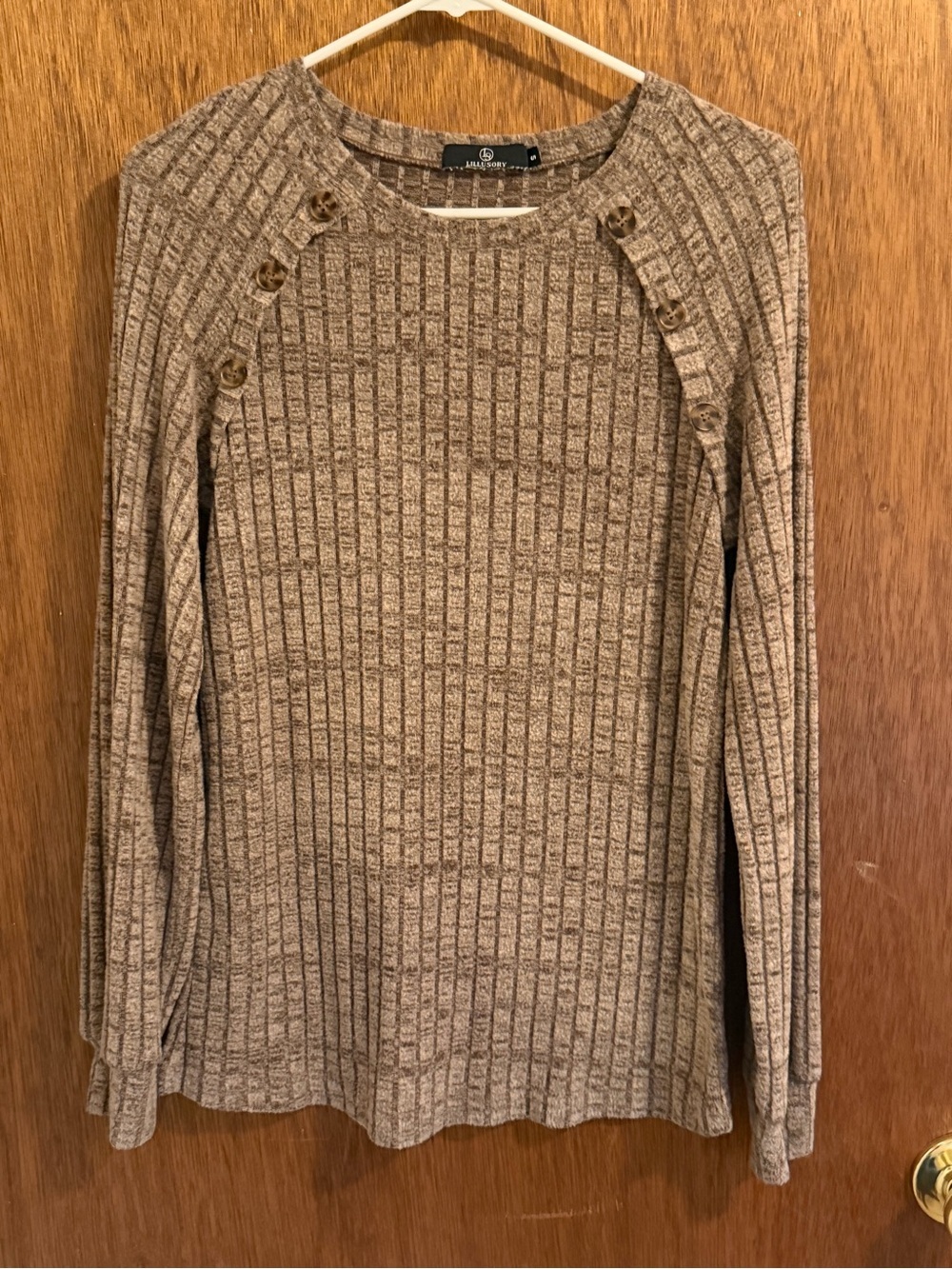 Button-Shoulder Ribbed Brown Sweater